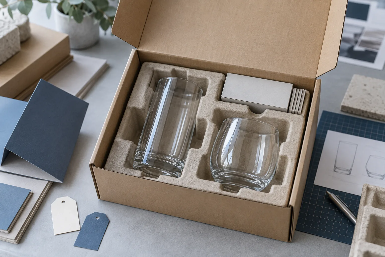 Illustrative protective glassware packaging with molded inserts