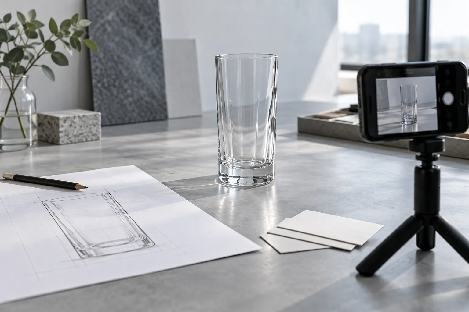 Illustrative glassware reference photo and early project brief