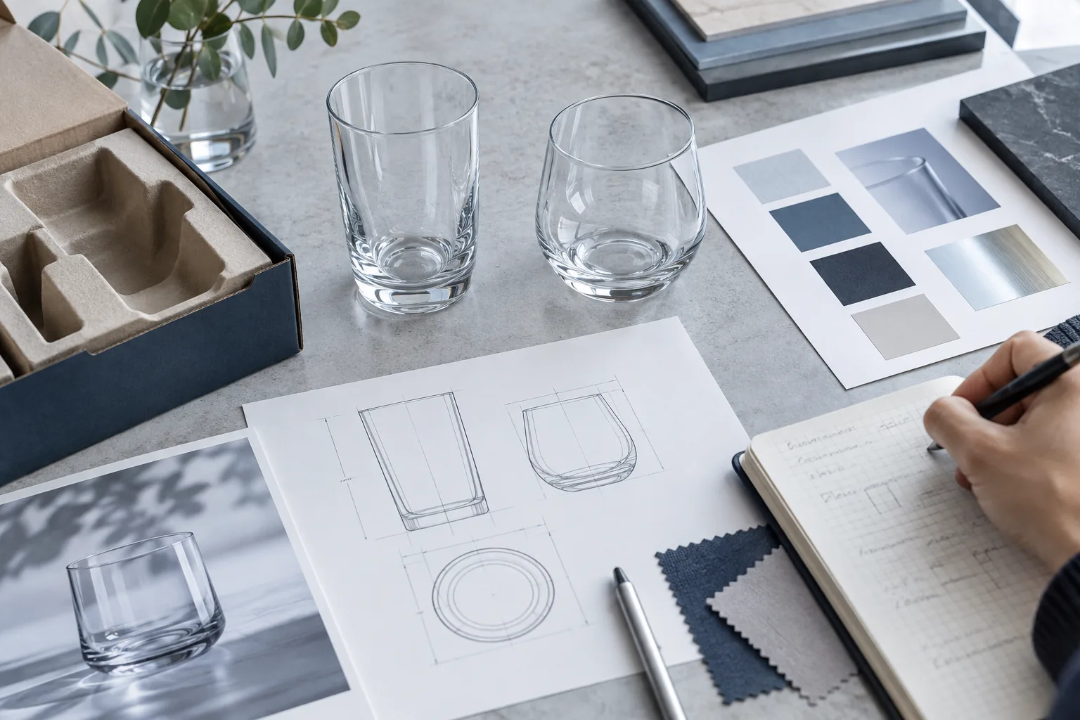 Illustrative glassware project planning with samples and packaging