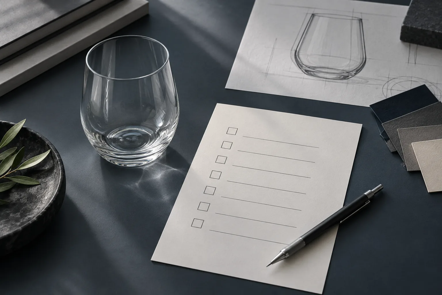Illustrative glassware planning checklist and design sketch