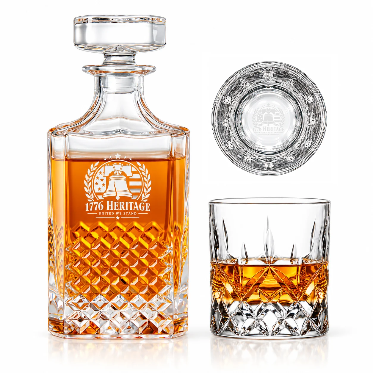 Personalized Diamond Cut Whiskey Decanter Set – 25 oz / 10.4 oz with example custom logo