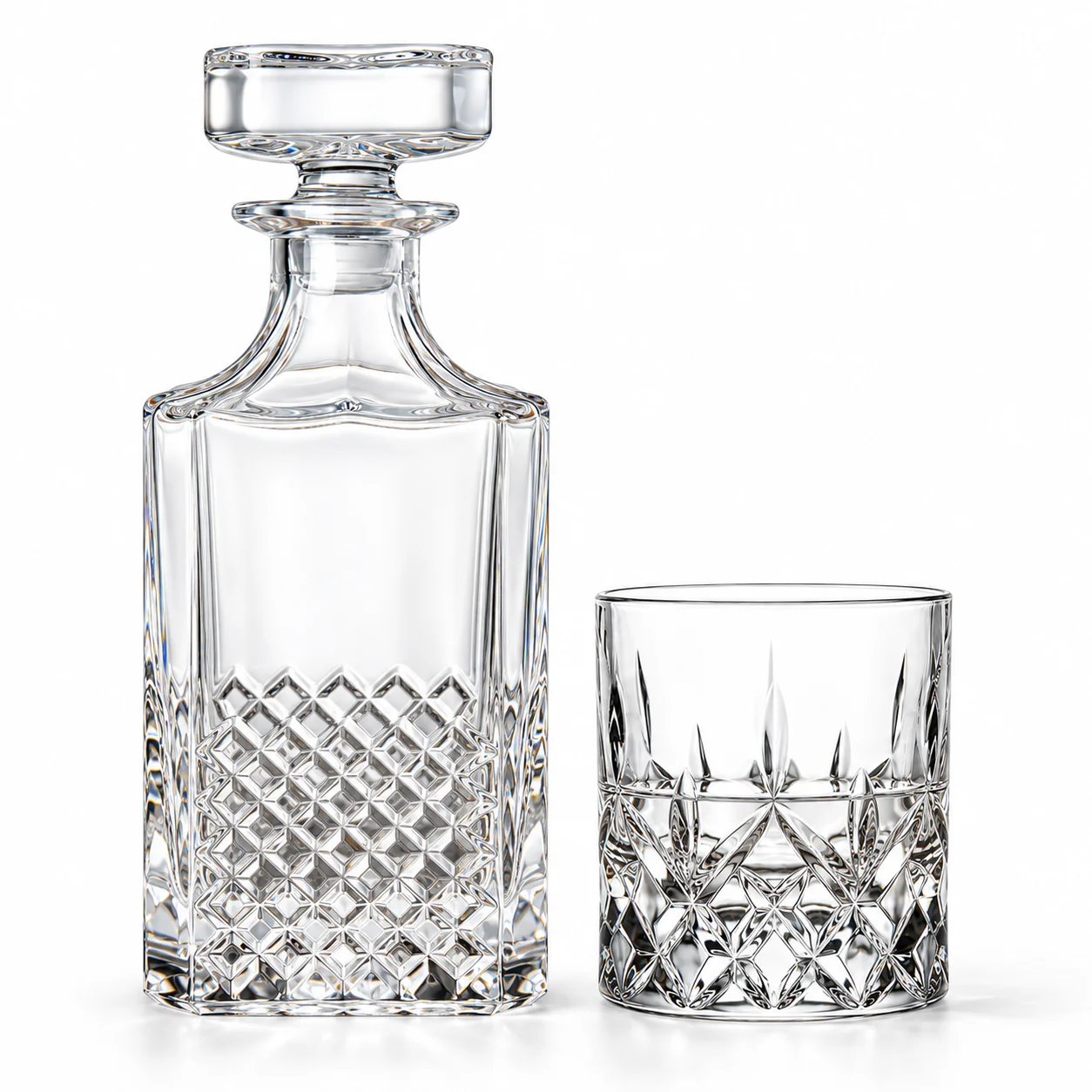 Undecorated clear Diamond Cut Whiskey Decanter Set – 25 oz / 10.4 oz