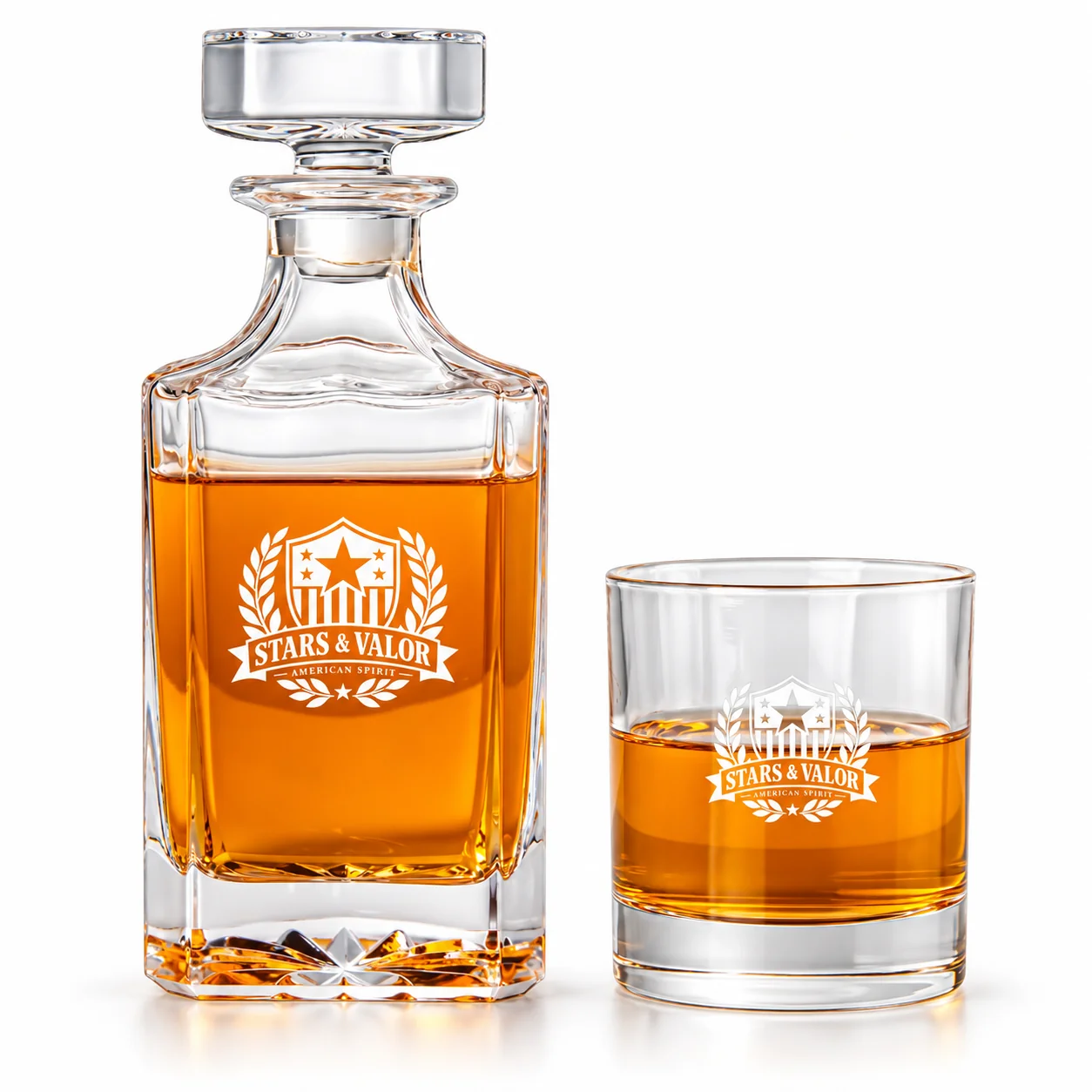 Personalized Square Whiskey Decanter Set – 25 oz / 12.7 oz with example custom logo